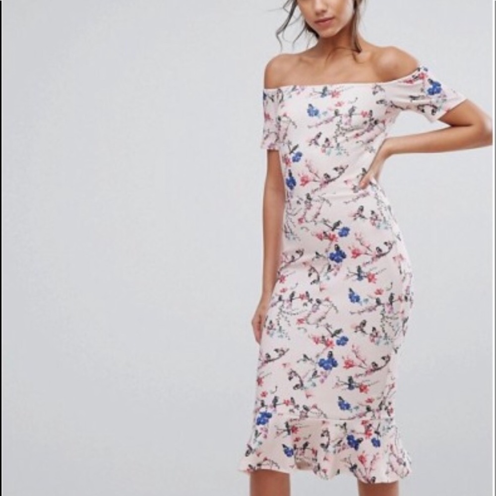 Silver bloom off the shoulder midi tulip dress